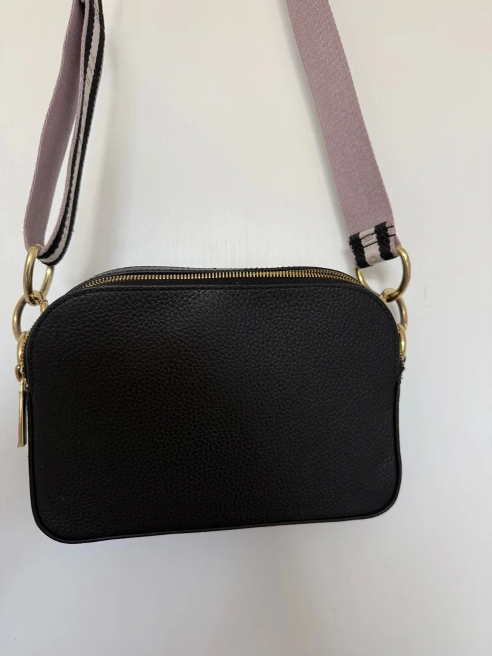 Ted Baker Black Pebbled Leather Crossbody with Pink and Black Striped Strap - Picture 3 of 7